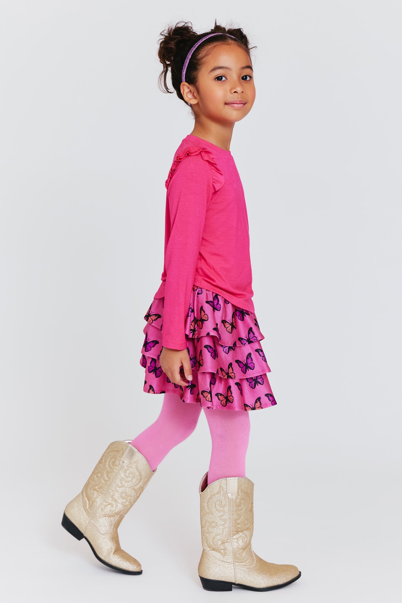 Kids Tiered Skirt in Pink Butterfly Halftone