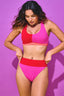 Banded High Waisted Bikini Bottom in Terez Pink and Hot Red