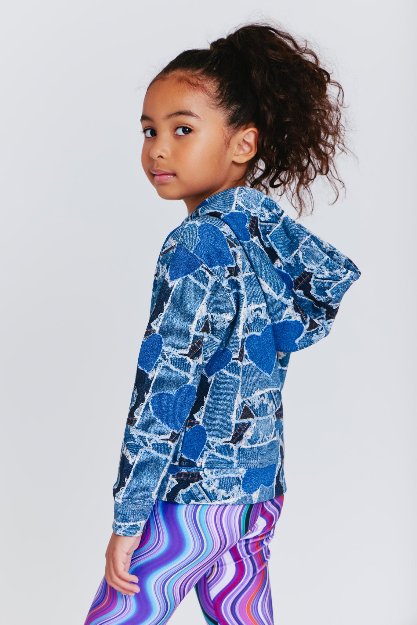 Kids Oversized Zip Hoodie In Denim Heart Patchwork