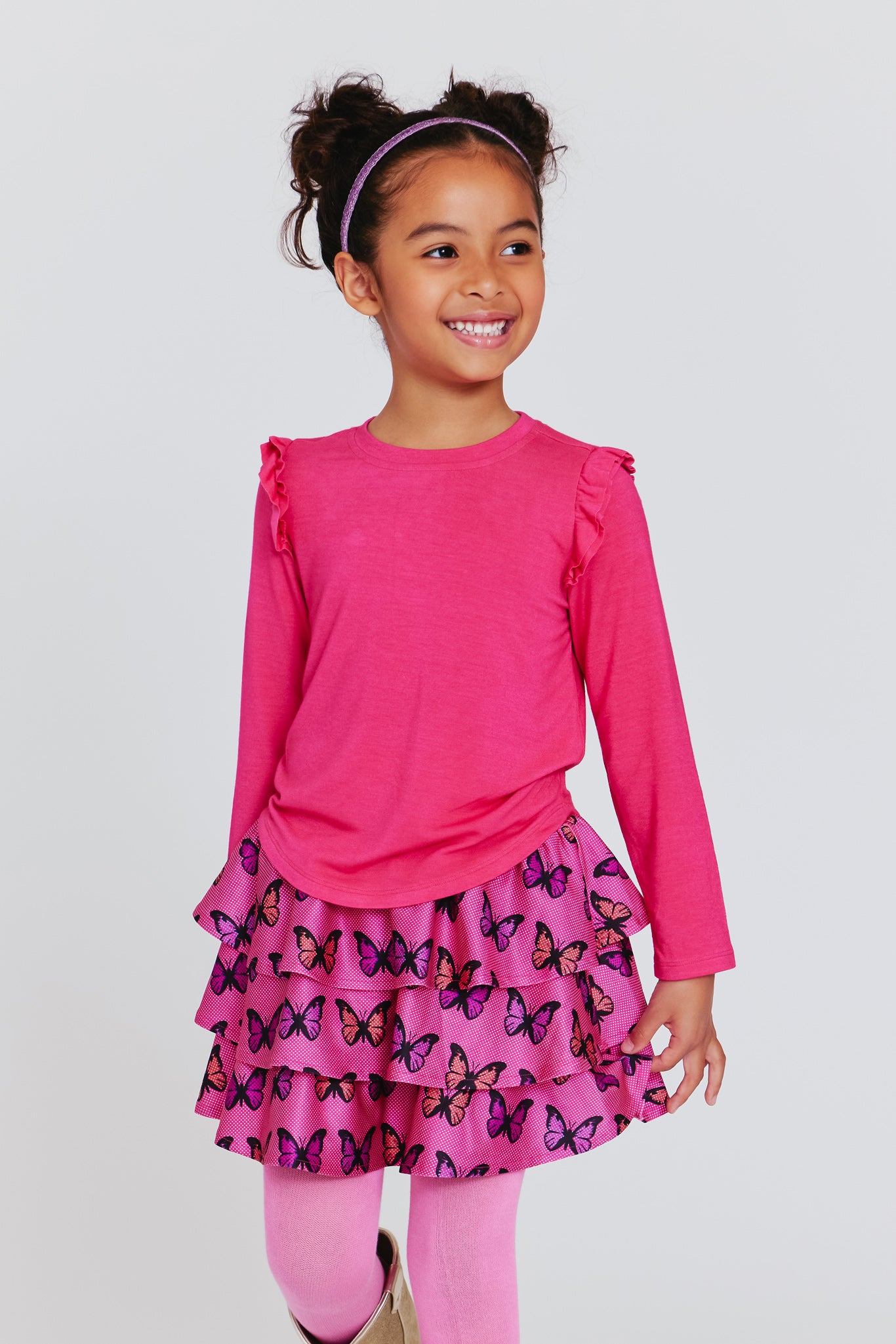 2-piece Toddler Girl Ruffled Stripe Long-sleeve Tee and Suspender Skirt Set