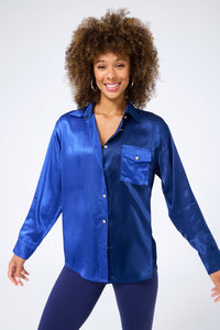 Colorblock Silk Button Down in Electric Blue and Navy