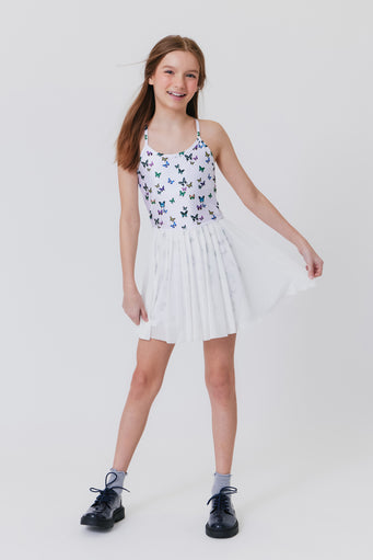 Girls Tennis Dress in White Butterflies