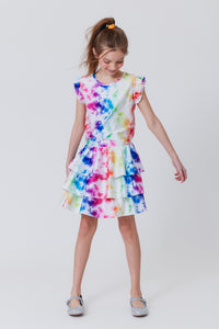 Girls Tiered Skirt in Rainbow Ice Dye