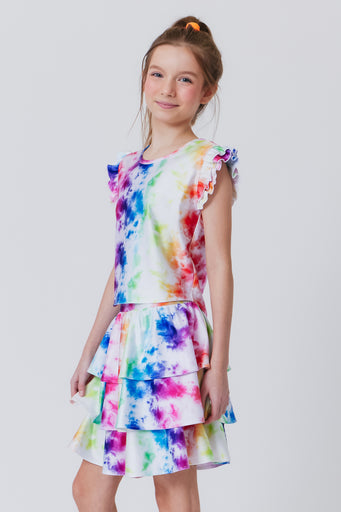 Girls Hi-Shine Ruffle Crop Top in Rainbow Ice Dye