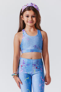 Girls Hi-Shine Sports Bra in Denim Paint Splatter