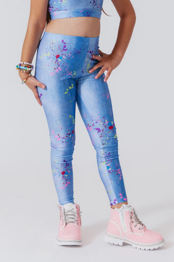 Girls Hi-Shine Leggings in Denim Paint Splatter