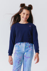 Girls Raw Hem Cropped Crew in Navy