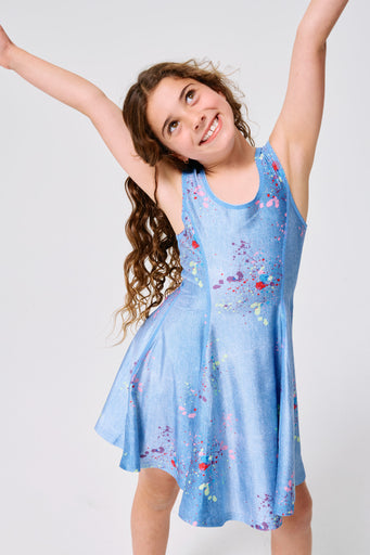 Girls Hi-Shine Skater Dress in Denim Paint Splatter