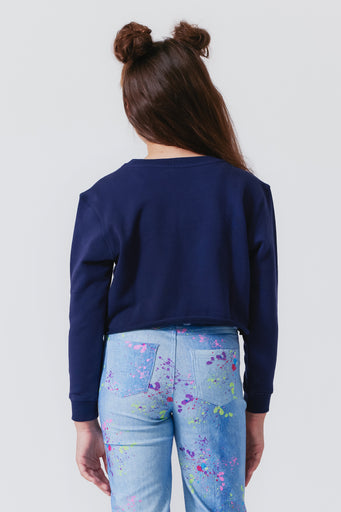 Girls Raw Hem Cropped Crew in Navy