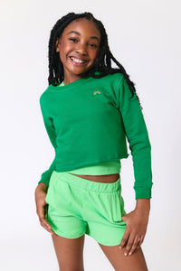 Girls Raw Hem Cropped Crew in Camper Green