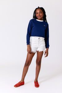 Girls Raw Hem Cropped Crew in Navy