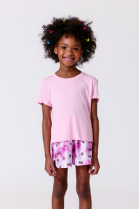 Girls Short Sleeve Lettuce Edge Tee in Baby Pink