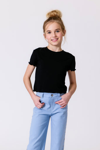 Girls Short Sleeve Lettuce Edge Tee in Black