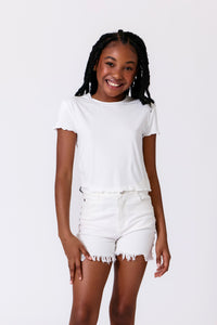 Girls Short Sleeve Lettuce Edge Tee in White