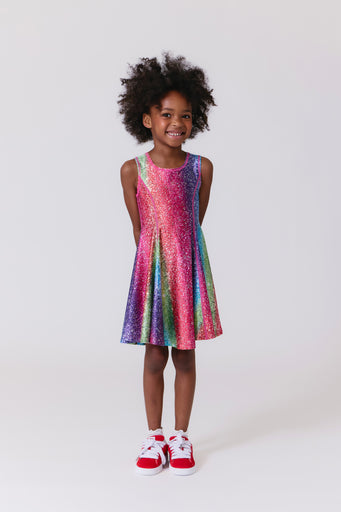 Girls Skater Dress in Rainbow Glitter Foil