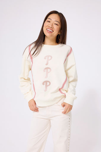 Phillies Multi Logo Baseball Stitch Crew in Sugar Swizzle Tonal