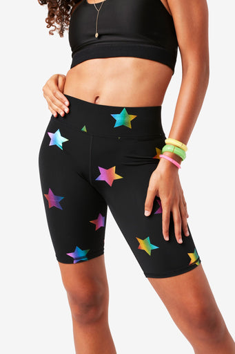 UpLift Bike Shorts in Black Rainbow Star Foil