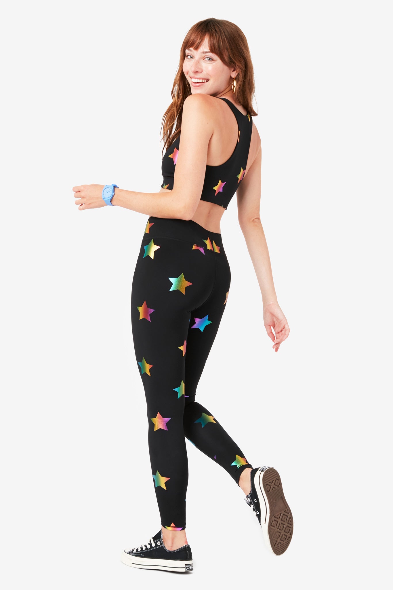 UpLift Leggings in Black Rainbow Star Foil with Tall Band –