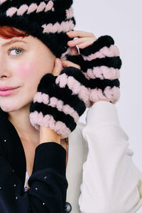 Terez X Jocelyn Faux Fur Stripe Mittens in Black and Pink