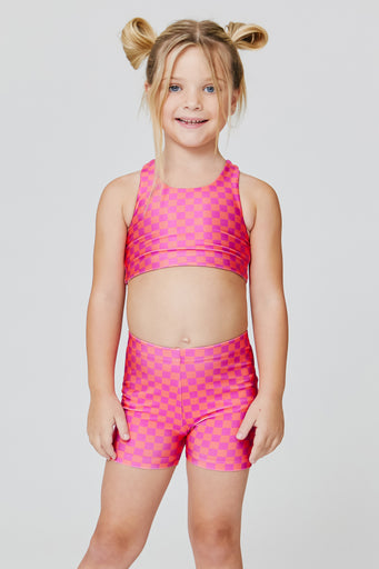 Kids Sports Bra in Melon Racing Check