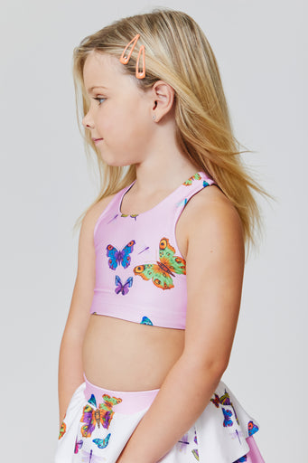 Kids Sports Bra in Pink Neon Butterflies